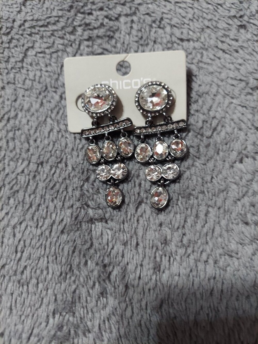 NWT Chico's Stunning Chandelier Earrings Gunmetal Tone w/ Clear Stones